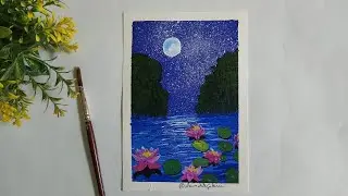 How to Paint Starry Moonlight Scene with Acrylics | Lotus painting | Acrylic painting for beginners 
