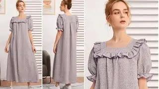 #ملابس#الصيف#قص وخياطة فستان بيتى بسفرة وكشكشة👗👗👗👗