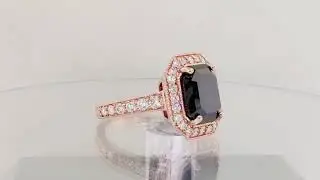 Emerald Cut Black Diamond Halo Engagement Ring Rose Gold Handmade Unique 