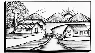 How To Draw Simple Village Scenery||Sunrise Village Nature Drawing For Beginners||Landscape Scenery