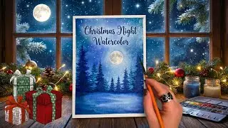 Starry night painting with watercolors/easy snowy landscape with watercolors🎨