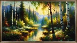 Landscape painting | Forest with fur trees and a lake | Frame TV art | Gold frame | TV screensaver