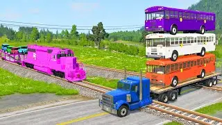 Train vs Bus with Crane Truck Rescue Car - Cars vs Train BeamNG Drive