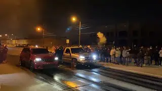 Twin turbo Silverado blows motor in a $3000 rematch race with a TrackHawk  .