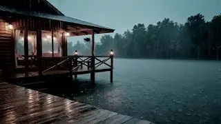 Wooden Cabin Forest Lake Heavy Rainstorm | Night Rain Sounds for Sleep