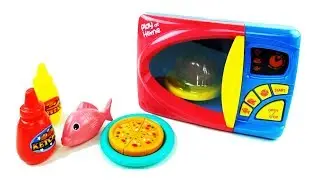 Unboxing toy microwave with a dish | Toys pizza, fish and sauces
