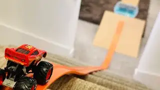 Lightning McQueen Monster Truck on Hot Wheels Track & DIY Cardboard Ramp | Monster Jam & Disney MOD