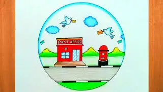 World Post Day Drawing ||How To Draw Post Office Scenery |Post Box Drawing | Post day poster Drawing