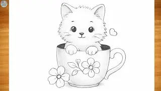 Cute Cat Pencil Sketch Drawing | Cup Inside Cat Drawing | Easy & Satisfying Art