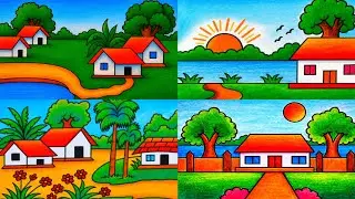 Easy village scenery drawing/সহজে রঙিন গ্রামের দৃশ্য আঁকা/Nature 🌴 Scenery 🌳 House 🏡 River art/ ছবি