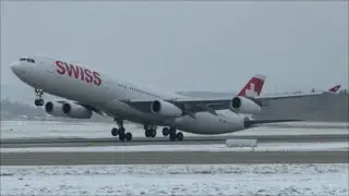 Swiss Airbus A340 extremely close & heavy take-off at Zurich Airport - snowy weather!