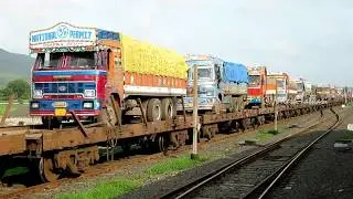 Konkan Railway RoRo Trucks Rolling off from RoRo freight train at Kolad