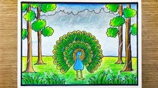 Dancing peacock drawing| Peacock dancing in rain drawing| Easy peacock drawing|Rainy season drawing