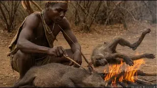 Hadzabe Hunter&rsquo;s Wild Baboon Feast 🍖Tribal Life in Africa#villagelife, #wildlife, #youtubeshorts