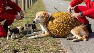 Unbelievable Animal Rescue: Dog Trapped in Spiky Durian Shell on Roadside