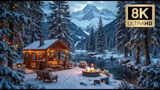 Cozy Winter Snowfall Riverside Cabin 4K - 8K Ultra 3h❄️🔥 Winter Forest Campfire Crackling Ambience