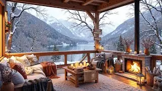 Peaceful Winter Lake Porch by Lakeside ❄️Soothing Piano Music and Crackling Fireplace for Relaxation
