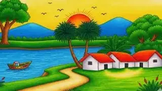 Easy Village Scenery Drawing Beginners#sunsetdrawing#scenerydrawing#pencildrawing
