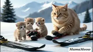 A mother cat and her kittens go skiing for the first time... but something strange happens! 😿🎿