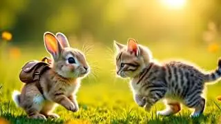 🐇🐈 Cute Rabbit and Cat Running Together | Funny Animal Race in Nature
