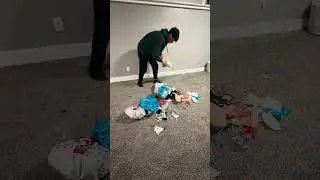 Dad cleans after kids mess. 