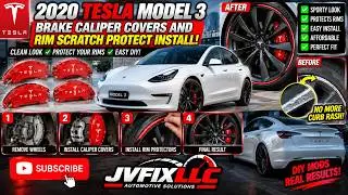 2020 tesla model 3 installing brake caliper covers and rim curb rash protectors.