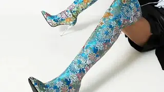 Embroidery Pointed Toe Over-The-Knee Crystal Stiletto Boots
