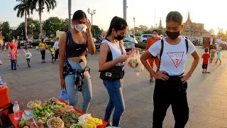 Phnom Penh Tour 2022, Evening Walk at Riverside on Chinese New Year, Cambodian Street Food