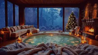 🌧️ Cozy Rain in Luxury Christmas Cabin with Fireplace, Hot Tub | Relax Ambience for Study & Sleep🔥