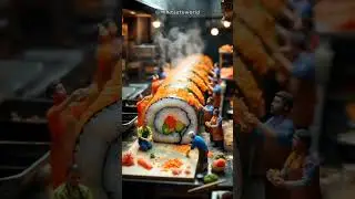 (AI) Tiny workers making giant sushi #giantfood #sushi #tinyworkers #shorts