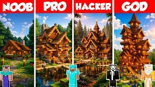 Forest House Build Battle Challenge - Noob vs Pro vs Hacker vs God - Minecraft Animation