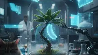 A sleek cyber-cat sits beside a floating, holographic file hub. When the video starts, folders rain