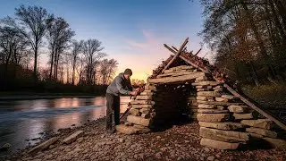 Building a Primitive Stone Shelter by the River - Solo Survival Overnight - Nomadic Life