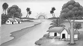 Riverside village scenery Landscape Drawing 