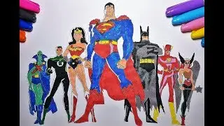 Justice League Coloring page with SUPERMAN, BATMAN, FLASH, GREEN LANTERN, WONDER WOMAN and MORE!