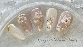 Elegant Hand-Painted Floral Nails | Nude & Gold Look