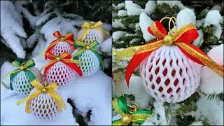 Рождественские шары из упаковочной сетки своими руками / Шары из пенопластовой сетки для фруктов ...