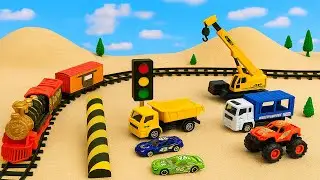 DIY Mini Construction Train Scene with Crane, Dump Truck & Traffic Light on Tracks @DinoToys-w9h