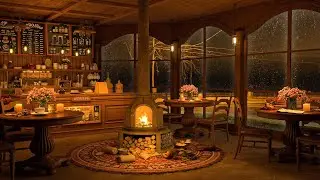A rainy autumn day book cafe space with relaxing soft jazz music and a crackling fireplace