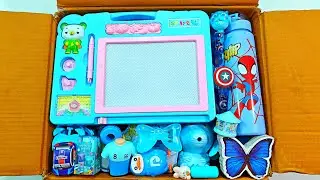 modern blue stationery items, scratch board, sharpener, water bottle, school stationery, geometry
