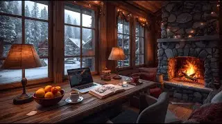 Winter Snowfall with Jazz Instrumental Music on Cozy Shop Ambience - Fire Crackling for Sleep, Study