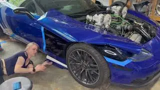 Splicing a 3M Deep Blue Metallic Wrap on a Chevy Corvette