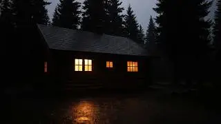 Дождь над уютной хижиной с тремя светящимися окнами 🌲 5 минут до черного экрана для глубокого сна