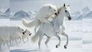 White Arabian Horse Chased by big white fox in the Snowy Grasslands &ndash; Intense Wild Chase