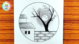 Village Scenery Drawing / Circle Scenery Drawing For Beginners / Circle Scenery Pencil Drawing