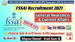 FSSAI General Awareness | FSSAI Recruitment 2021 | DAY- 101| FSSAI Expected GK Questions | Assistant