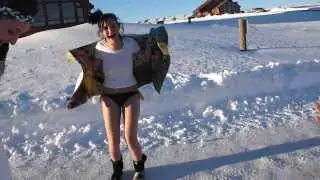 Jumping in snow. Bikini time