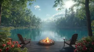 Relaxing Nature Oasis: Spring Sounds and Crackling Fire by the Lake