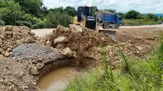 Massive Land Reclamation Project | Bulldozer Pushing Stone & Mixed Soil ft Dump Truck Unloading