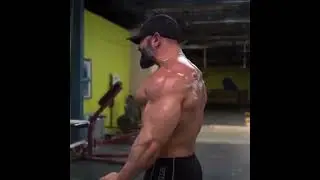 Bearded muscle bull muscle daddy pumping iron at gym in workout short shorts